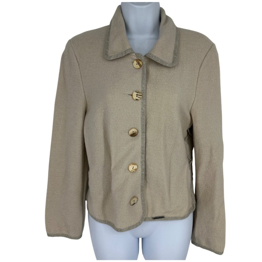 Geiger Womens Beige Wool Button-Up Jacket With Lace-Up Side Detail Size 36